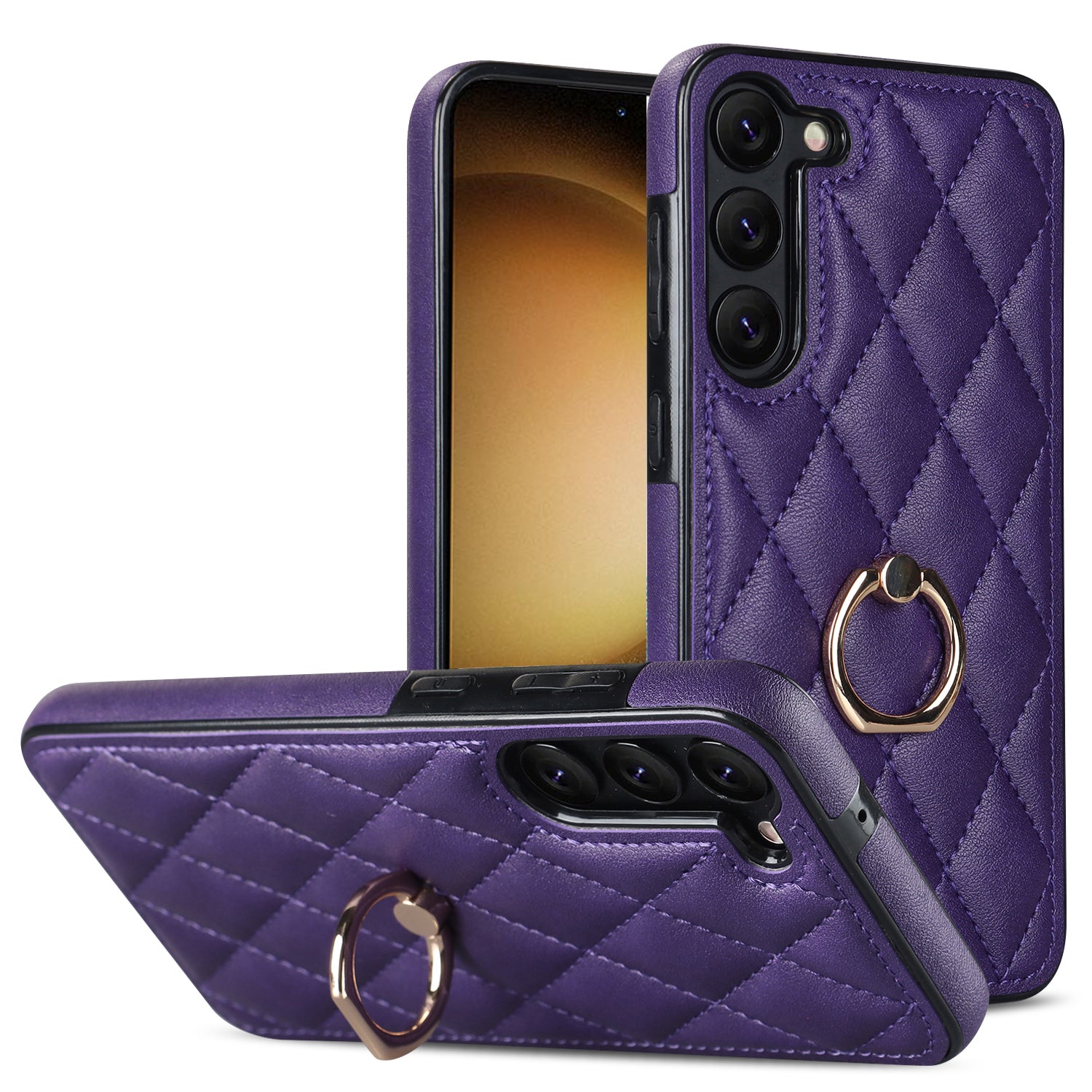 For Samsung Galaxy S23 Phone Case PU Leather TPU Imprinted Rhombus Grid Pattern Back Cover with Ring Kickstand For Samsung Galaxy S23 Phone Case PU Leather TPU Imprinted Rhombus Grid Pattern Back Cover with Ring Kickstand